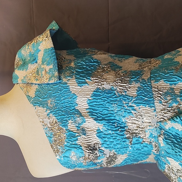 Blue and Gold crinkle one sleeve evening/cocktail midi gown - Picture 2 of 16